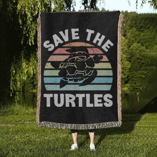 Save The Turtles Sea Turtle Retro Sunset Woven Blankets