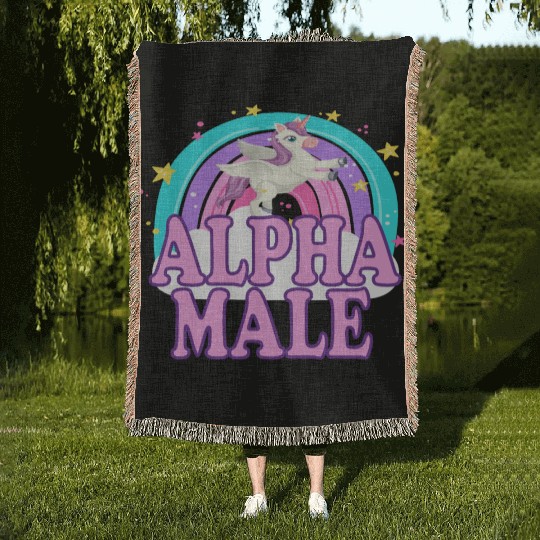 Ironic Alpha Male Unicorn Rainbow Funny Woven Blankets