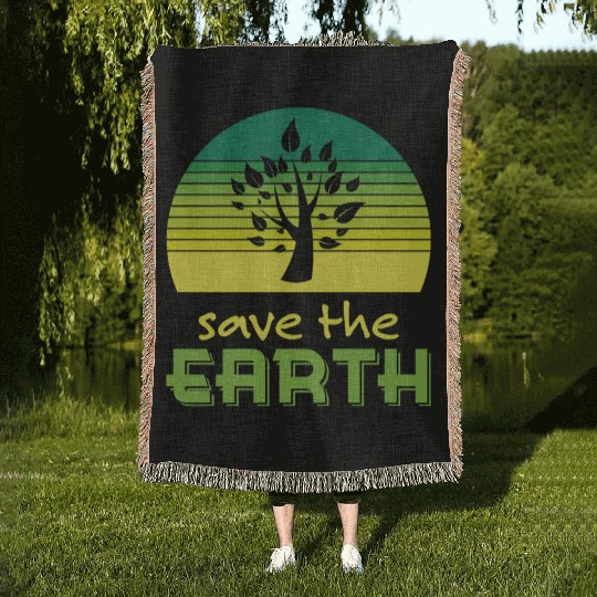 Save The Earth Retro Sunset Green Woven Blankets