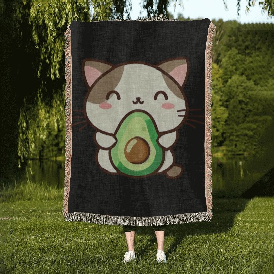 Cat with avocado Woven Blankets