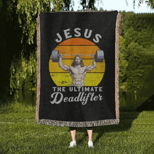 Jesus The Ultimate Deadlifted Retro Jesus Woven Blankets