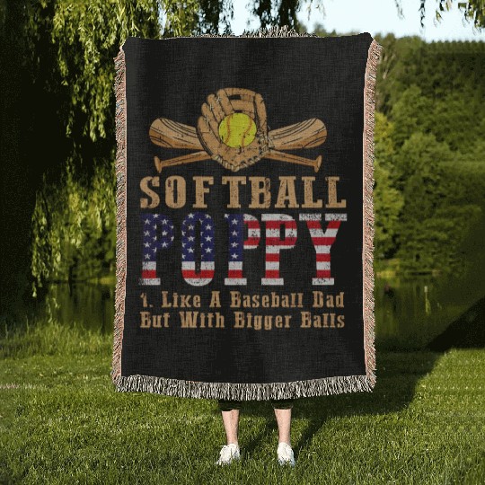 Softball Poppy Like A Baseball Dad Us Flag Fathers Woven Blankets