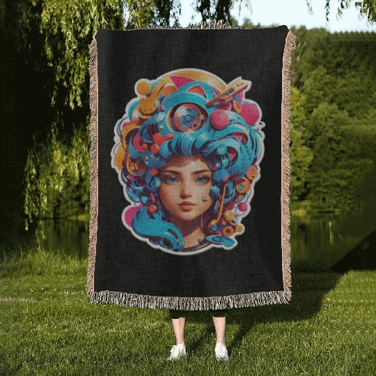 Psychedelic girl with multi color hair. futuristic Woven Blankets