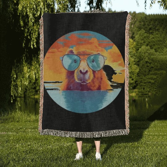 Sunset Serenity: Rustic Capybara Stripe Illustrate Woven Blankets