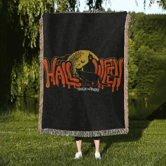 Halloween black cat Woven Blankets