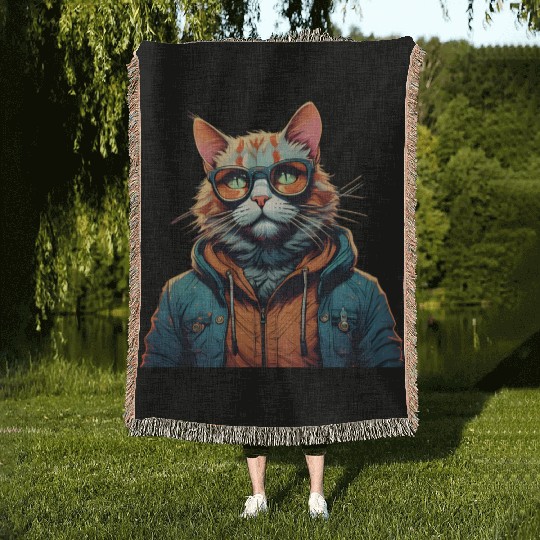 Vintage Cat In Modern Clothes Woven Blankets