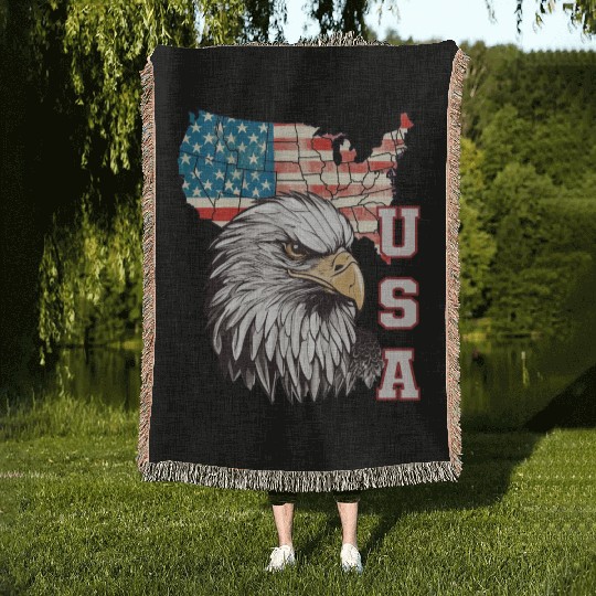 gift idea bald eagle american flag Woven Blankets