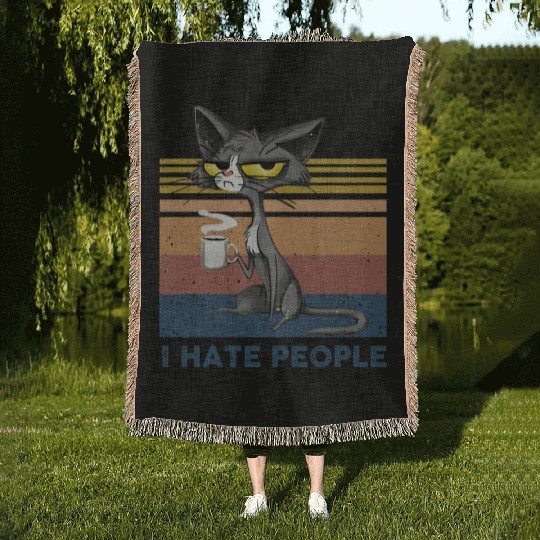 Cat I Hate People Woven Blankets