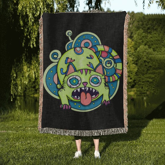 Psychedelic Trippy Cat Woven Blankets