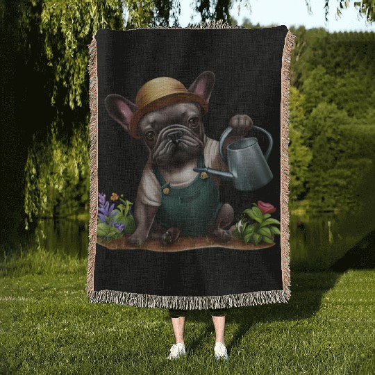Frenchie Playing in the Garden Woven Blankets