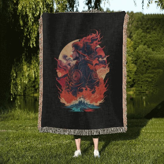 Samurai Boy in Flames Woven Blankets