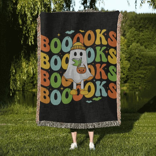 Booooks Cute Ghost Reading A Book Funny Book Lover Woven Blankets
