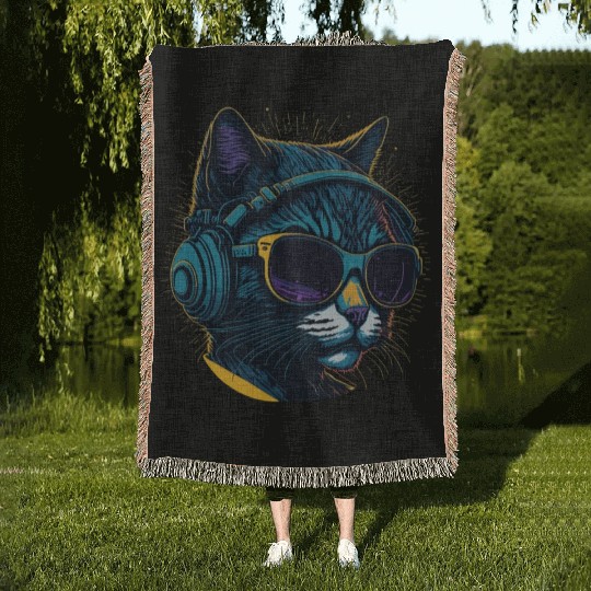 Cool Sunglasses Headphone Galaxy Cat Woven Blankets