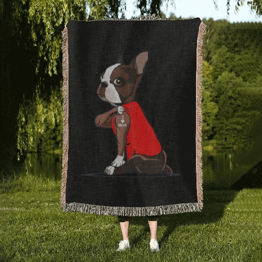 Funny boston terrier Dog I Love Mom Tattoo Woven Blankets