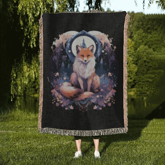 Celestial moon flower fox sitting tall Woven Blankets