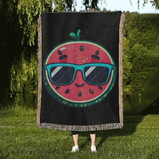 Kawaii Melon with Sunglasses: Summer Fruit Chill Woven Blankets