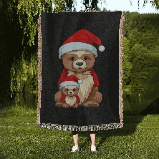 Adorable Festive Mama Bear and Cub: Christmas Hat Woven Blankets