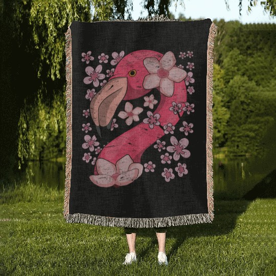 Cherry Blossom Bird Gift Sakura Pink Flamingo Woven Blankets