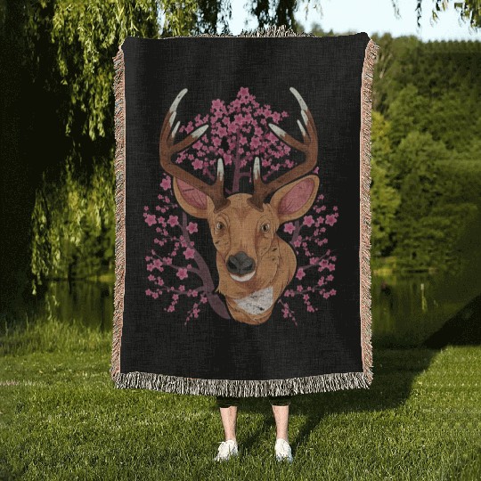 Cherry blossom forest animal gift Sakura deer Woven Blankets