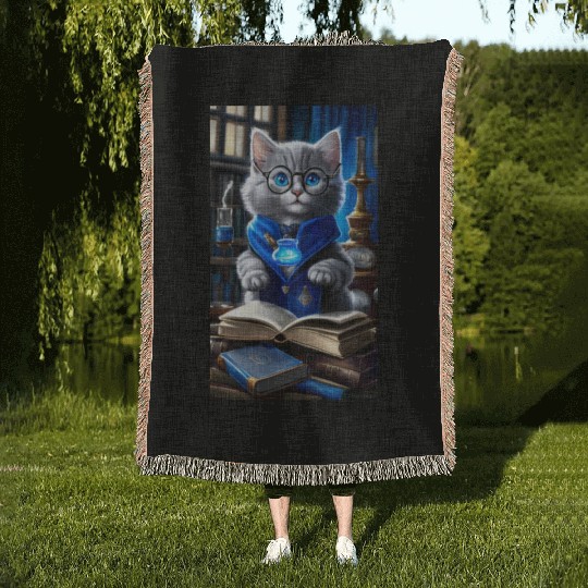 The Raven-claw Kitten Scholar: A Feline Journey. Woven Blankets
