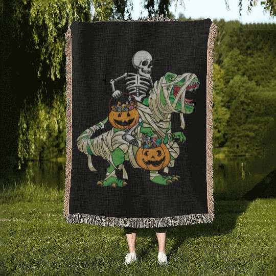 Skeleton Dinosaur Pumpkin Lazy Creepy Halloween Woven Blankets