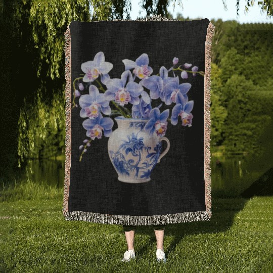Blue Orchids in a Vase Graphic Woven Blankets