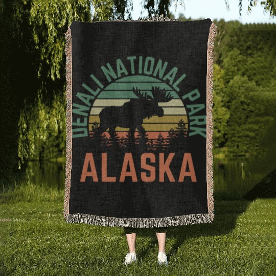 Denali National Park Alaska Moose Hiking Nature Woven Blankets