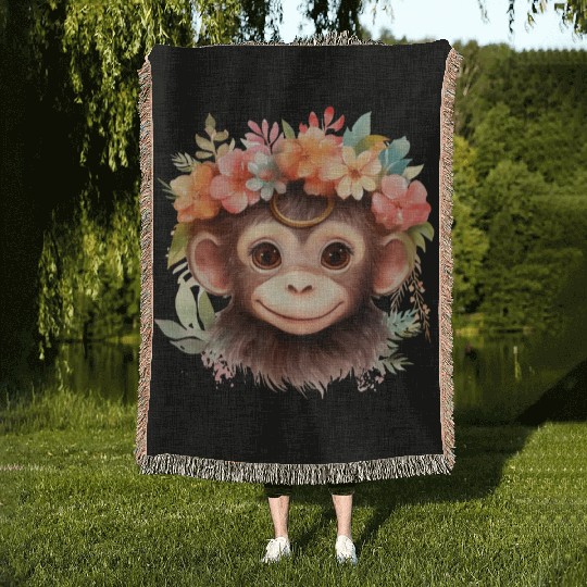 Monkey Chimpanzee Jungle Animal Boho Floral Ape Woven Blankets