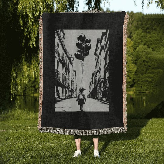 Girl Chasing Balloons Artwork Woven Blankets