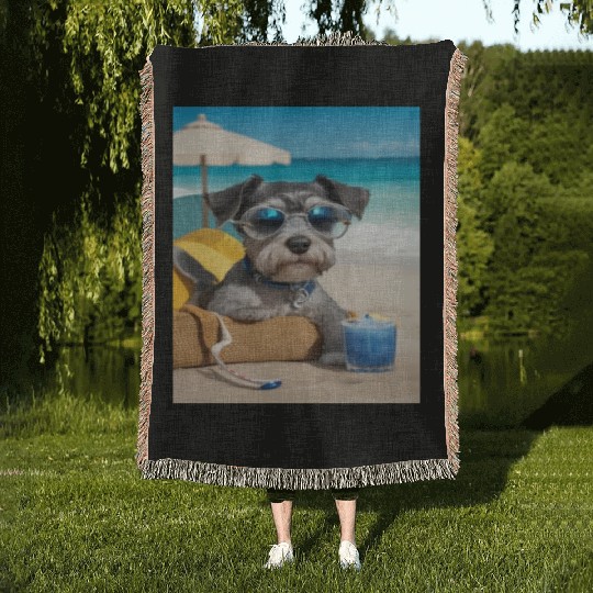 Schnauzer Chilling at the Beach with a Drink Woven Blankets