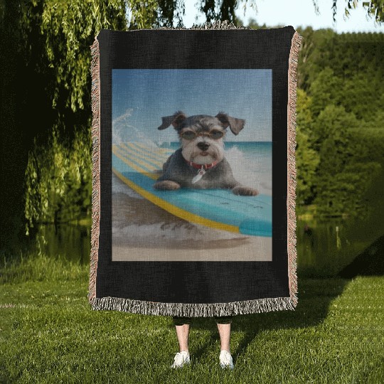 Schnauzer Surfing at Beach On A Surfboard Woven Blankets