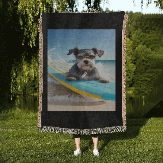 Schnauzer Surfing at Beach On A Surfboard Woven Blankets
