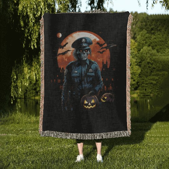 Creepy Zombie Cop Undead Police Halloween Officer Woven Blankets