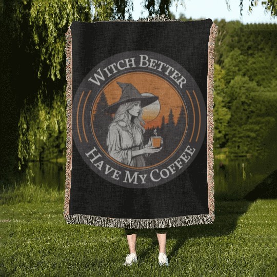 witch drink coffee in sunset Woven Blankets