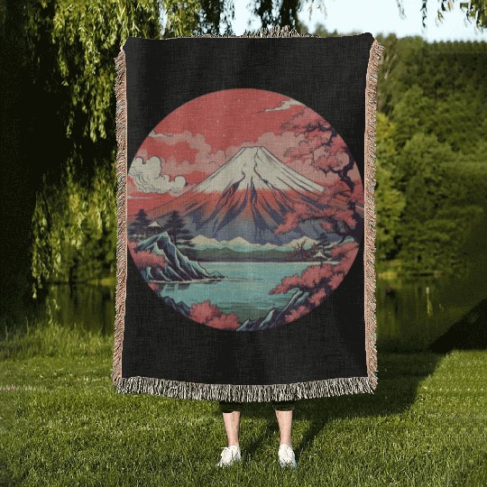 Fuji Sakura Serenity: Japanese Landscape Bliss Woven Blankets