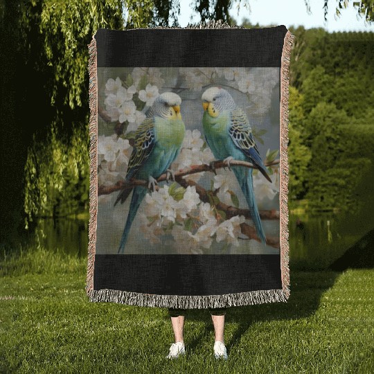 Green and blue Parakeets with flowers Woven Blankets