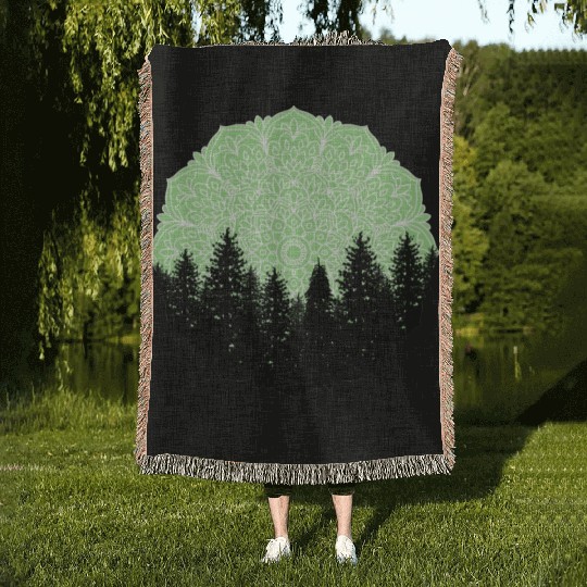 Green Forest Mandala Pacific Northwest Woven Blankets
