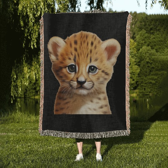 Baby cheetah portrait Woven Blankets