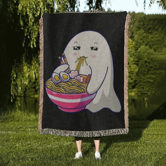 Cute Ghost Eat Ramen Kawaii Anime Halloween Noodle Woven Blankets