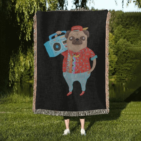 Pug life boombox Woven Blankets