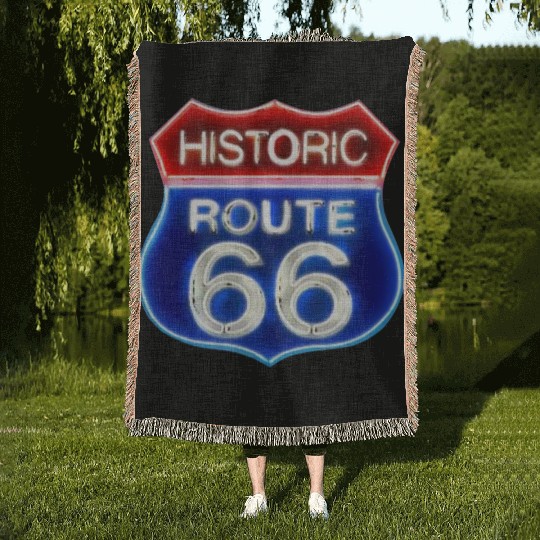 Route 66 neon sign Woven Blankets