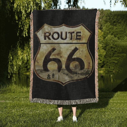 Route 66 trip with motorcycle Woven Blankets