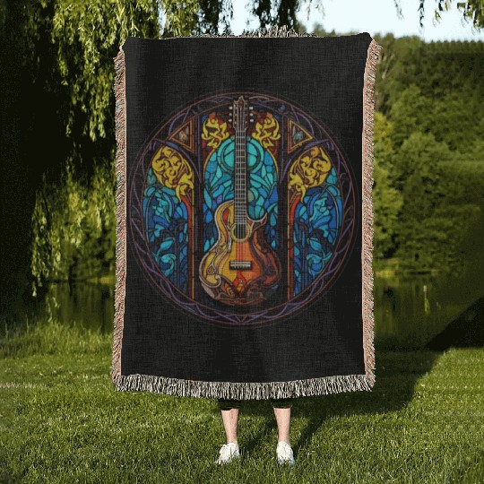 Guitar Stained Glass Art - Men Women Guitar Woven Blankets
