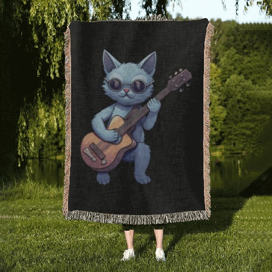 Rock Cat Playing Guitar - Funny Guitar Cat Woven Blankets