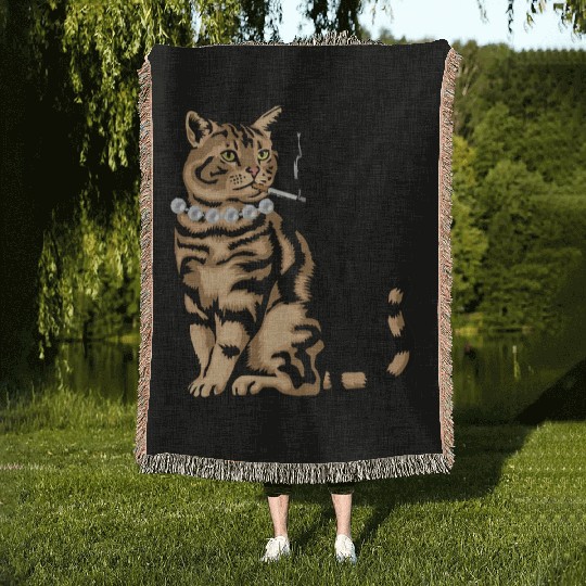 Cat Smoking Woven Blankets