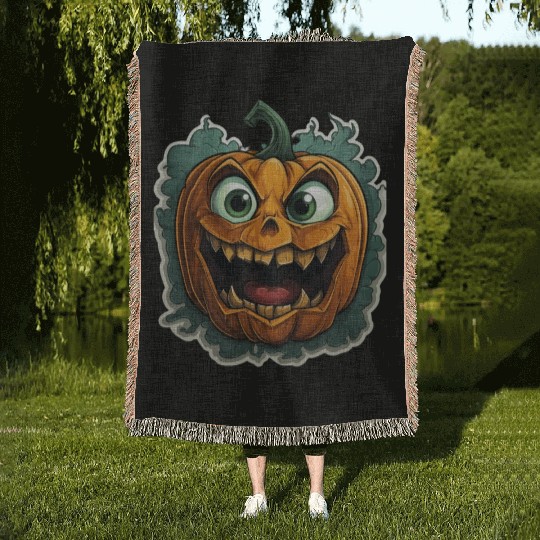 Scary Pumpkin Face I Spooky Halloween Woven Blankets