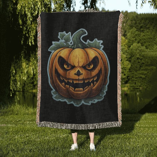 Scary Pumpkin Face I Spooky Halloween Woven Blankets