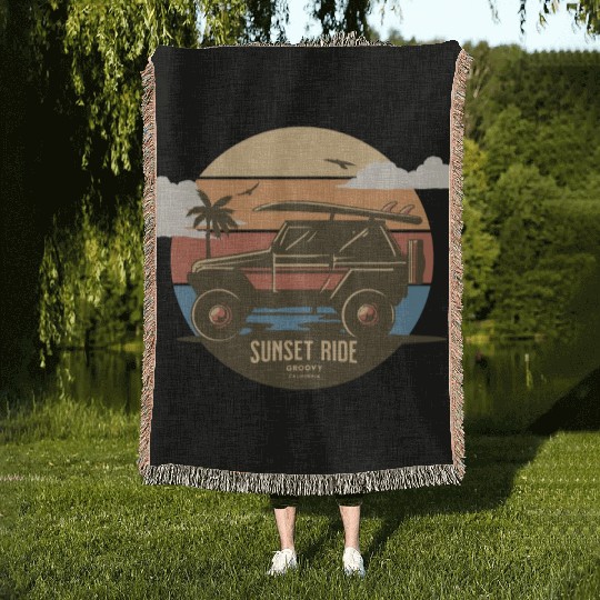 Sunset Ride - Beach Jeep - Groovy California T-Shi Woven Blankets