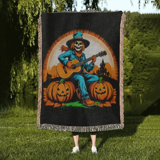 Happy Halloween scarecrow plays guitar Woven Blankets