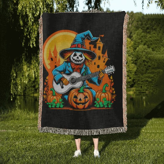 Happy Halloween scarecrow plays guitar Woven Blankets